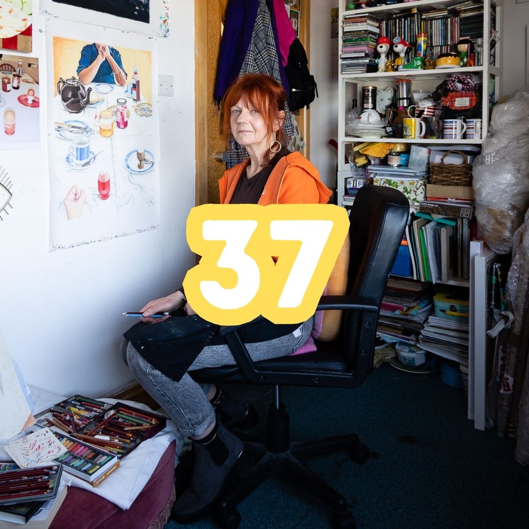 photo of Louise an artist sat in her studio representing 37 studio residents