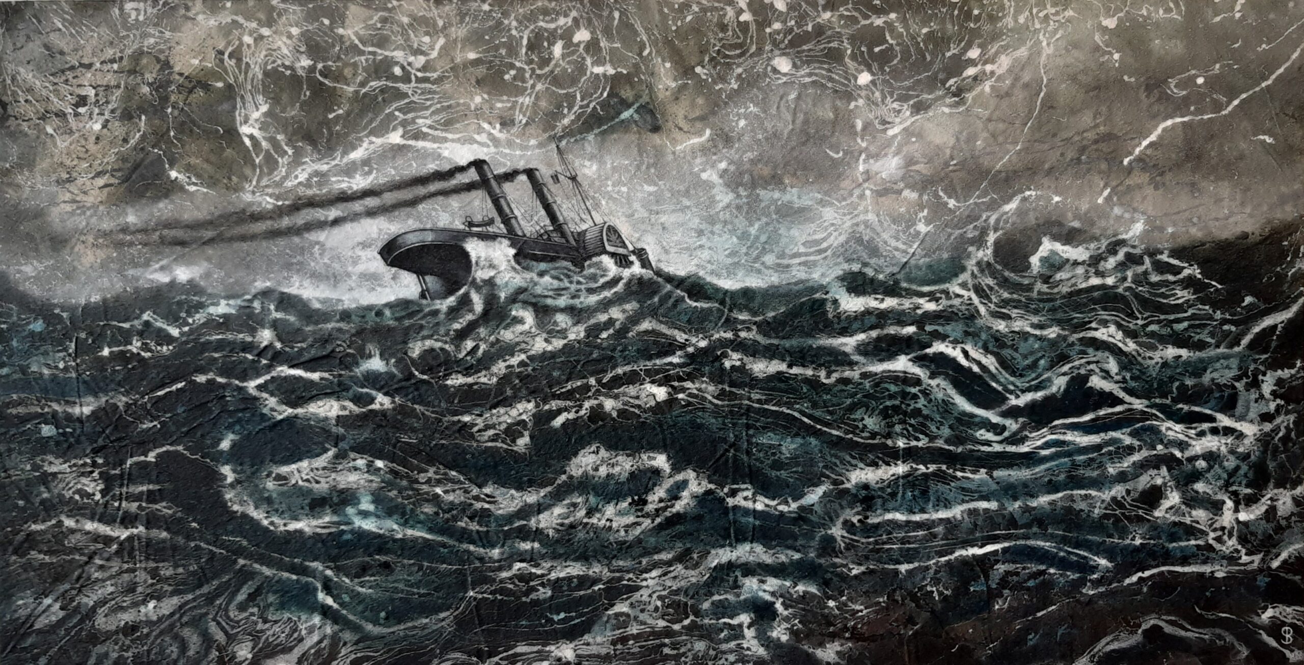 Steve Betts 'Steamer in a Swell' Acrylic on canvas & board. 24 x 48 Inches