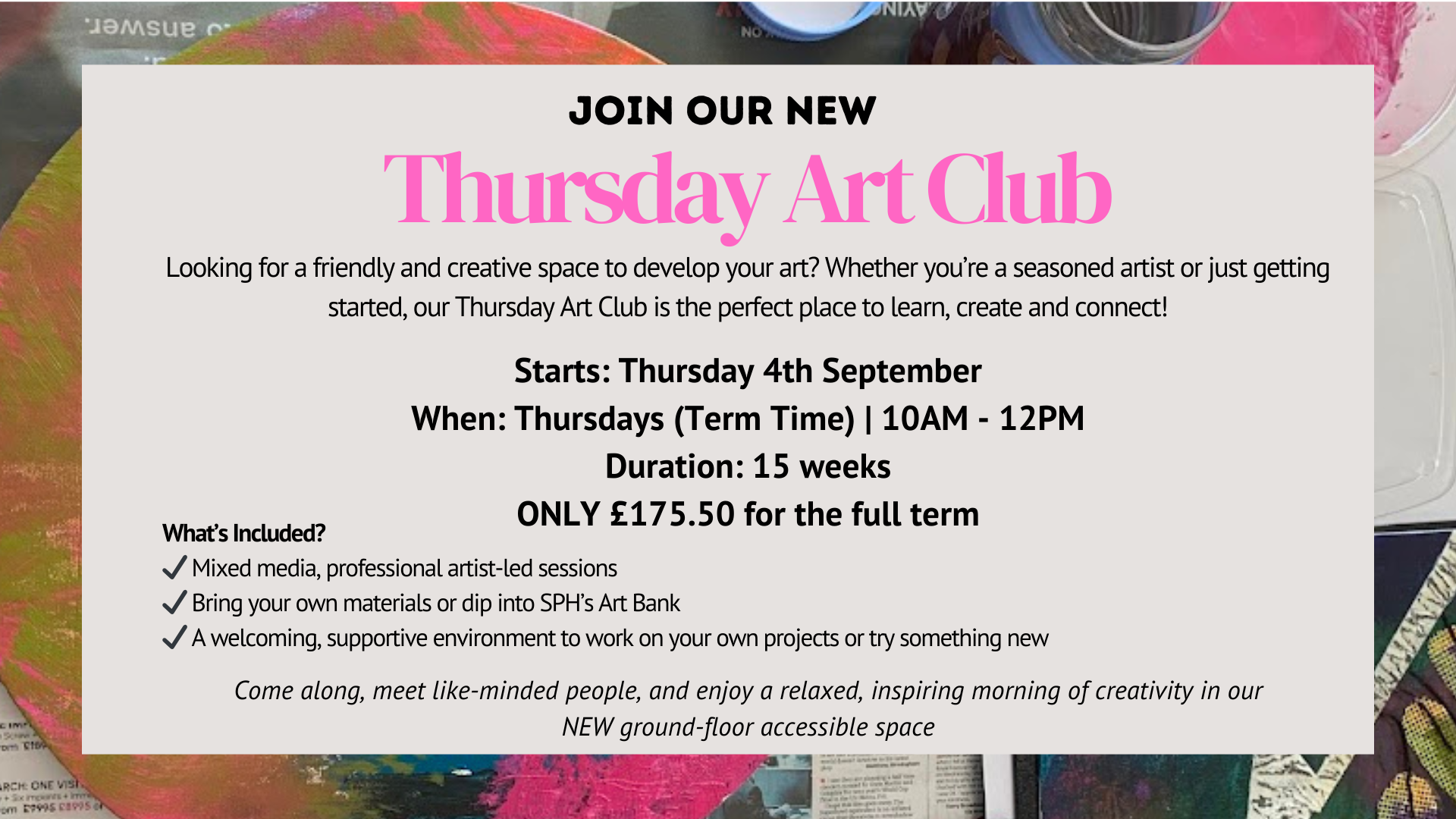 A poster for Thursday Art Club - Medway Art Classes